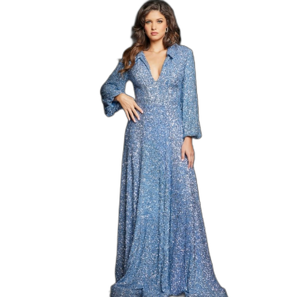 Jovani sparkling blue Embellished Long Sleeve sheath Dress 25950 ladies size 16